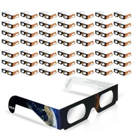 Paquet de 50 lunettes à éclipse solaire fabriquées par une usine approuvée par AAS, teinte éclipse certifiée CE et ISO pour une visualisation directe du soleil
