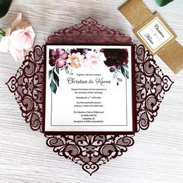 50 Uds. Invitación de boda cortada con láser con purpurina dorada blanca y plateada burdeos con sobre, tarjeta de invitación universitaria para fiesta 255a