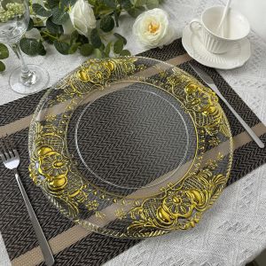 50 placas de carregador dos pces bandeja plástica clara pratos redondos com padrões dourados de estilo europeu placa de jantar decorativa acrílica para o ajuste da mesa