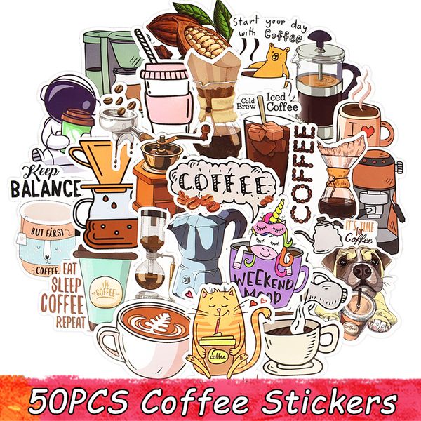 50 Uds. De pegatinas bonitas de dibujos animados de café, impermeables, para ordenador portátil, paquete de pegatinas DIY para guitarra, monopatín, equipaje, bicicleta, teléfono, calcomanías, juguetes para niños