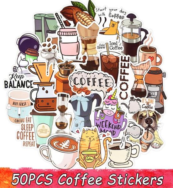 50 pièces autocollants mignons café dessin animé étanche autocollant pour ordinateur portable Pack bricolage guitare planche à roulettes bagages vélo téléphone décalcomanies enfants jouets 7869107