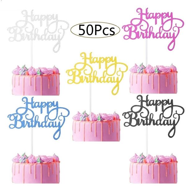 50 Pcs Glitter Carton Joyeux Anniversaire Gâteau Toppers Baby Shower Enfants Fête D'anniversaire Faveurs Décorations Gâteau Décoration Fournitures 210925