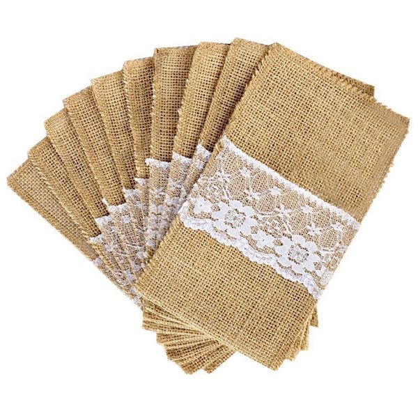 50 pièces couteaux et fourchettes en jute naturel ensemble de couverts argenterie porte-sac toile de jute dentelle fête décor de mariage, 21x11cm C19021401