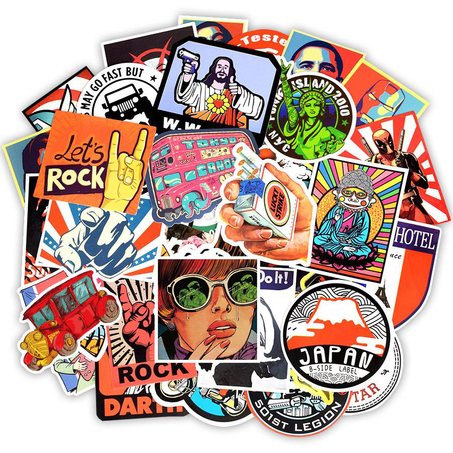 50 PCS Retro Travel Style Funny Stickers Toys for Kids DIY Luggage Laptop Snowboard Skateboard Tablet Guitar Bicycle Motorbike Water Bottle