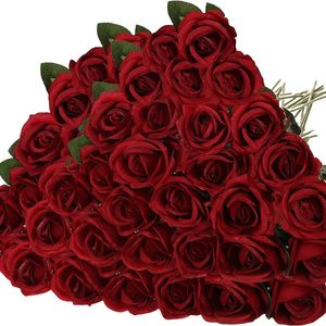50 pièces velours Rose fleurs artificielles vraie touche fausses Roses florales pour la saint-valentin bricolage Bouquet de mariage fête décor à la maison 240228
