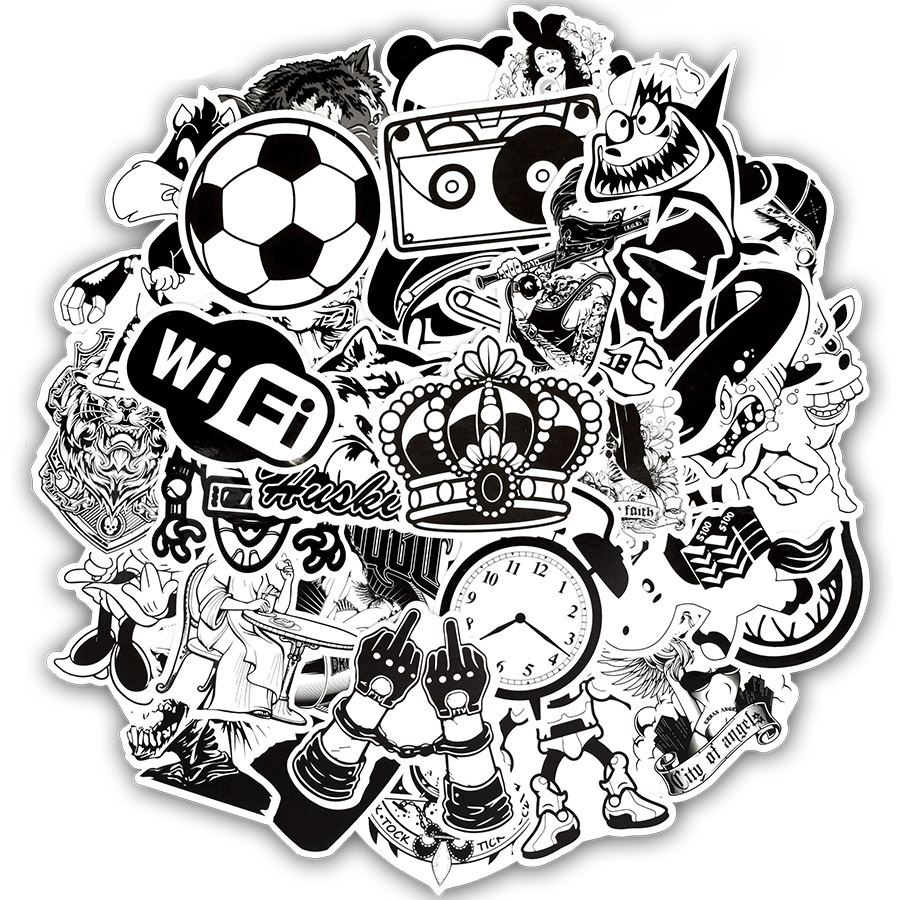 50 PCS Waterproof Black and White Style Stickers Toys for Children Laptop Phone Luggage Skateboard Bedroom DIY Mixed Cartoon Sticker Bomb