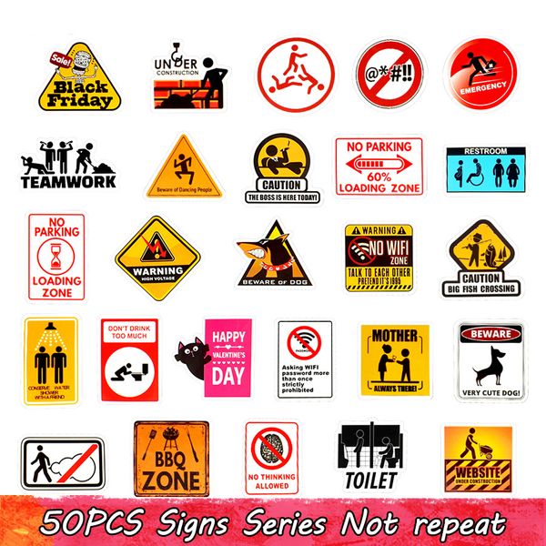 50 PCS impermeable advertencia carretera computadora señal de advertencia pegatinas coche decoración del hogar niños adultos DIY computadora taza de agua raqueta regalos creativos