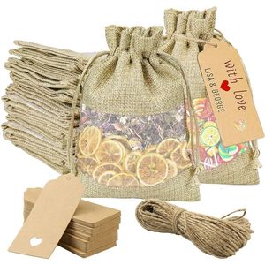 50 StuksLinnen Jute Huwelijkscadeau Organzazakjes met Kraft Tags Kerstfeestgunsten Pakket Mesh Trekkoordzakjes 10x14cm 240226