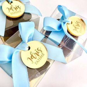 50 piezas personalizadas de espejo de oro monedas encanto de vino para favores de boda etiqueta de decoración de mesa redonda para compromiso / aniversario C0125