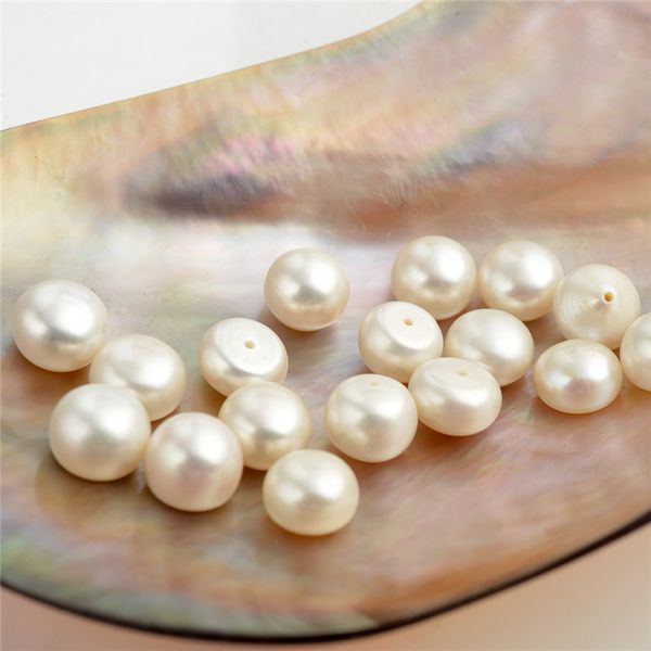 50 piezas al por mayor botón de 9-10mm perlas blancas de agua dulce cuentas sueltas perlas cultivadas parte posterior plana cabujones medio perforados