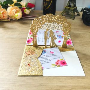 50 stuks slot 3D pop-up gouden glitter trouwkaarten afdrukbare laser gesneden pocket bruid en bruidegom groet uitnodigingskaart IC144 240118