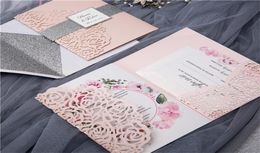 50 pièces découpées au laser Rose Invitations de mariage TriFold Argent Glittery Personnaliser Carte de voeux d'anniversaire Cartes RSVP IC132 2207113244174