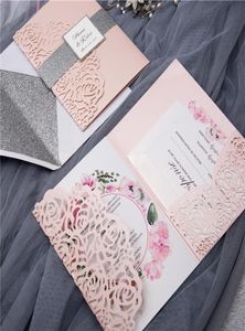 50 stuks slot Lasergesneden Rose trouwkaarten TriFold zilver glitter aanpassen verjaardag wenskaart RSVP kaarten IC132 2207113880075