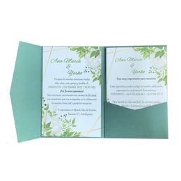50 sets Green Tri Fold Pocket Wedding Invitation Carte Impression personnalisée Engagement XV Birthday Baptême Invitations IC160 240419