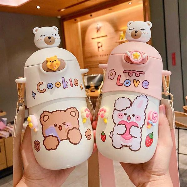 500 ML Kawaii ours Thermos bouteille mignon enfants paille bouteille d'eau isolé en acier inoxydable étudiant filles bouteilles de boisson thermique 21101246W