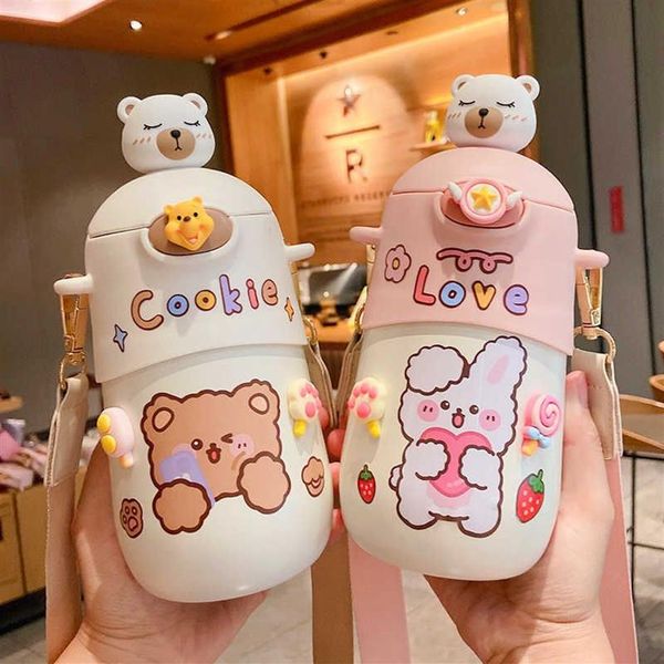 500 ML Kawaii Ours Thermos Bouteille Mignon Enfants Paille Bouteille D'eau Isolé En Acier Inoxydable Étudiant Filles Bouteilles De Boisson Thermique 21101224T