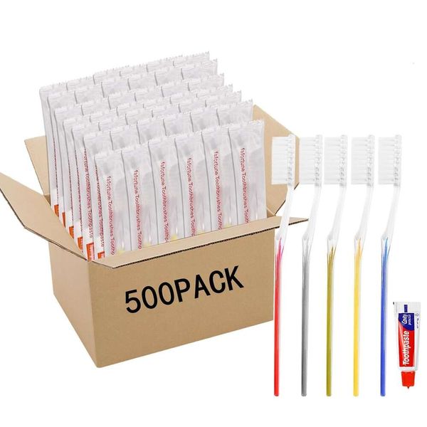 500 PACK CONBRUMENTOS DE TODOS DESPOSIBLES CON PASTA DE TODOS EN 5 COLORES - Kit de cuidado oral de tamaño de viaje para higiene sobre la marcha - paquete a granel conveniente para su uso fácil