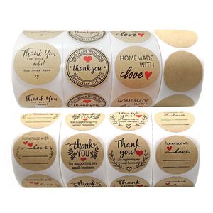 500 pcs / roulement rond Merci d'étiquettes Kraft Paper Love Stickers 1,5 pouce Emballage Cuisson Cadeau Décoratif Cadeau décoratif Sticker sur mesure