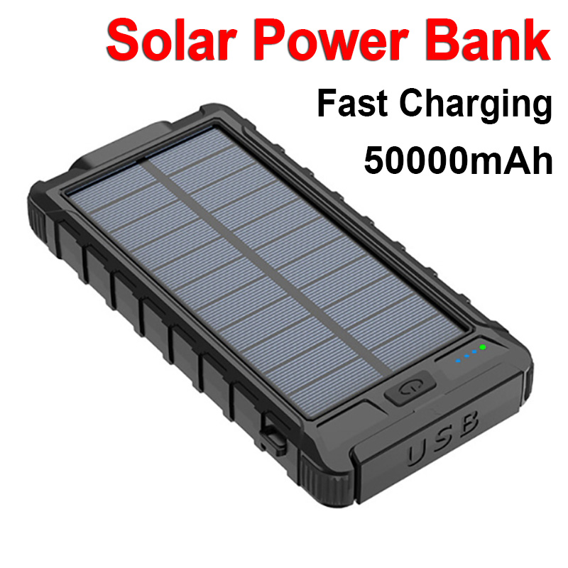 50000 mAh Solaire Power Bank Étanche Portable Batterie Externe Charge Rapide PowerBank avec Lampe de Poche pour iPhone Xiaomi
