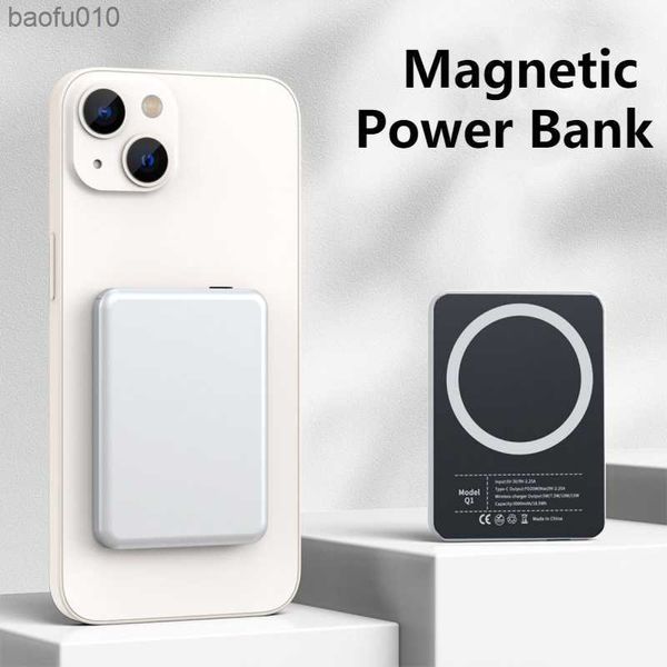 5000 mAh Macsafe Powerbank Metal Batería auxiliar externa Banco de energía magnético delgado Cargador inalámbrico para iphone 12 13 14 Pro Max L230619