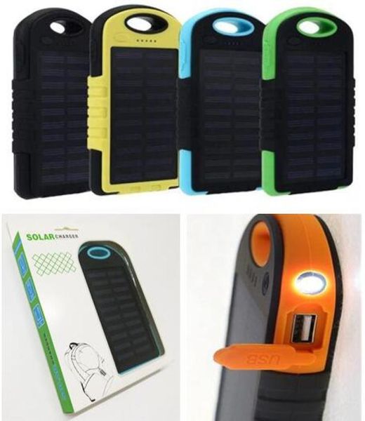 5000mAh Cargador de energía solar Fuente portátil Doble USB Linterna LED Batería Panel solar Banco de energía para teléfono celular a prueba de agua para Mobil2013828