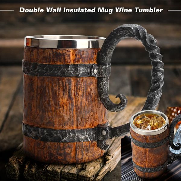 500600 ml Viking Wood Style Bière Tasse de Noël Cadeau de Noël Simulation en bois Barreau Barreau Cuille double mur à boisson Mét métal isolé 231221