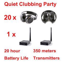 500m afstand stille disco zwart vouwbare draadloze hoofdtelefoons systemen - rustig knuppelfeestpakket met 20 headsets 1 zender