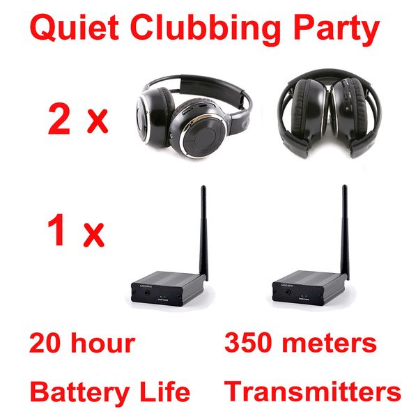 Systèmes d'écouteurs sans fil pliables noirs Silent Disco à 500 m de distance - Forfait Quiet Clubbing Party comprenant 2 casques pliables 1 émetteur