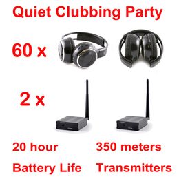 500m stille disco compleet systeem zwart vouwen draadloze hoofdtelefoons - rustige knuppel feestbundel met 60 opvouwbare oortelefoons en 2 zenders
