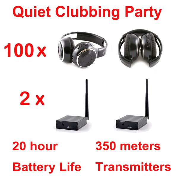 Casque sans fil pliable noir avec système complet Silent Disco de 500 m - Ensemble Quiet Clubbing Party avec 100 casques pliables et 2 émetteurs