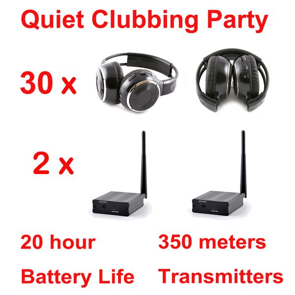 500m Silent Disco système complet casque sans fil pliable noir - Quiet Clubbing Party Bundle avec 30 récepteurs pliables et 2 émetteurs