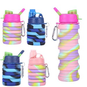 500ml 17oz Inklapbare Waterfles Herbruikbare BPA Gratis Siliconen Opvouwbare Sportflessen voor Travel Gym Camping Wandelen met Lekvrije Deksels Carabiner