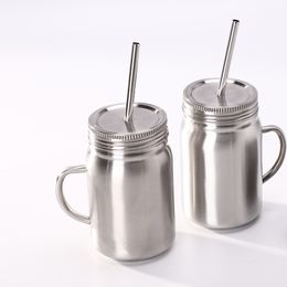 500 ml / 17oz Rvs Mason Jar Cup Zilver Koffiemok Draagbare Tuimelaar Stofdicht Vacuüm Geïsoleerde Voedselopslagfles met Metalen Deksel Strohendel