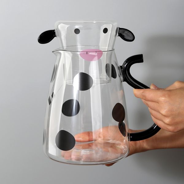 Jarra de vidrio transparente de 500ml/1800ml, resistente al calor, juego de tetera y taza con forma de vaca bonita de dibujos animados, hervidor de agua/leche fría, cafetera