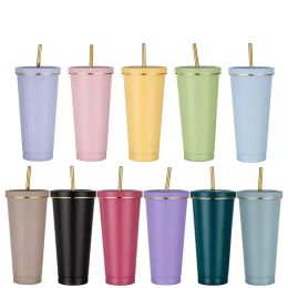 500 ml 750 ml Gobelets en acier inoxydable avec couvercle en paille à double paroi Gobelet isolé sous vide avec bord doré Tasses à café de couleur macaron Bouteille d'eau portable FY5929 119