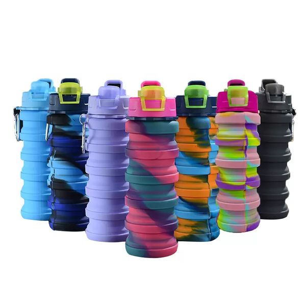 Botellas de agua de camuflaje de 500ML, vaso telescópico plegable de silicona, mosquetón, tazas para bebidas deportivas, equipo portátil para senderismo y acampada