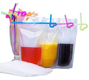 500ML Transparent Drink Pouches Bags with Straws - Refermable Zipper Stand-up Plastic Pouches Bags Drinking Bags - 9.1