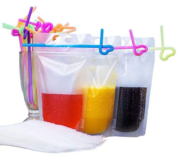 500ML Transparent Drink Pouches Bags with Straws - Refermable Zipper Stand-up Plastic Pouches Bags Drinking Bags - 9.1
