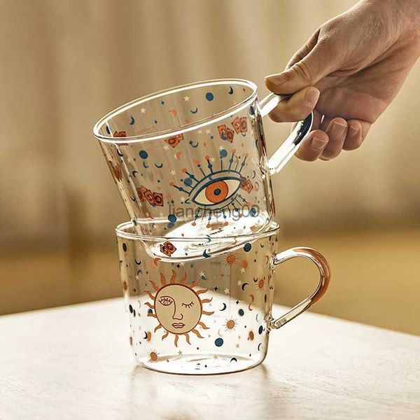 500 ml Creative Échelle Verre Tasse Petit Déjeuner Lait Tasse À Café Ménage Couple Eau Tasse Soleil Oeil Motif Verres Cuisine Vaisselle L230620