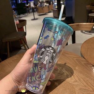 500ML Cute Sakura Starbucks Cup Doble plástico con pajitas Material PET para niños Adulto Girlfirend para productos de regalo 1965