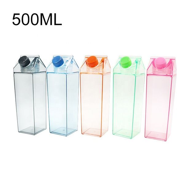 Botellas de agua de cartón de leche de plástico de 500 ml, caja de jugo cuadrada transparente transparente sin BPA para exteriores