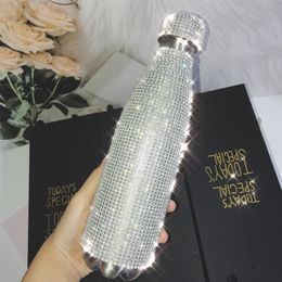 500ml Shinning Bouteille d'eau avec strass Bouteille thermos Bling en acier inoxydable Thermos Coupe Silver Diamond Flask Bouteille sous vide 201204