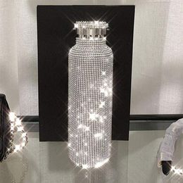 Vaso de diamante brillante de 500 ml, botella de agua de acero inoxidable con diamantes de imitación ostentosos, hervidor portátil para exteriores con tapa256y