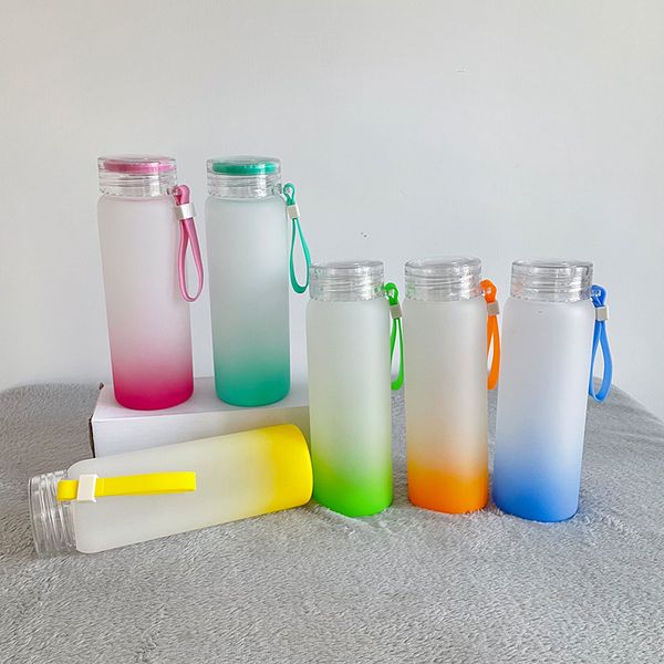 Botella de agua de vidrio de sublimación de 500 ml, colores degradados de 17 oz, vasos esmerilados, botellas de agua para deportes al aire libre, vaso para beber