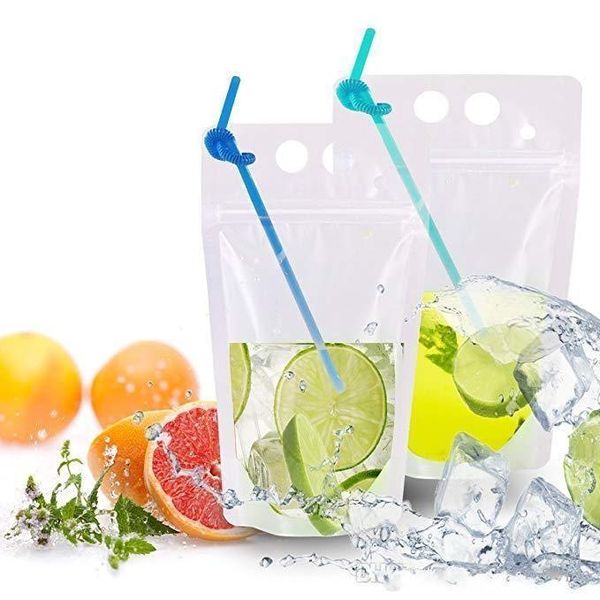 Bolsas transparentes para beber de 500 ml Bolsas Vasos desechables de viaje esmerilados con pajitas Bolsa de bebida de plástico Bolsa de líquido de café de jugo a prueba de calor que se puede volver a cerrar; Entrega de UPS