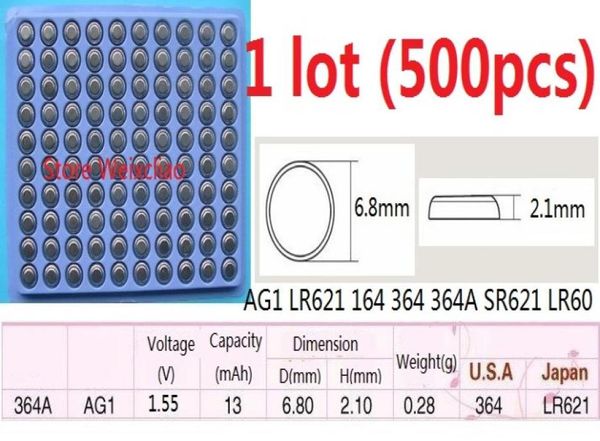 500pcs 1 lot AG1 LR621 164 364 364A SR621 LR60 155V BOUTON BUTON ALCALAL BATTERIE BATÉRIES BATTERIES TRAY 1073978