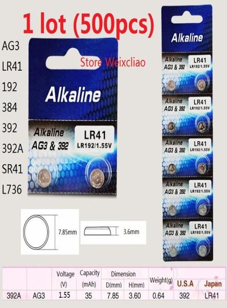 500pcs 1 lote AG3 LR41 192 384 392 392A SR41 L736 155V Botón alcalino Batería Batería Batterías 6645791