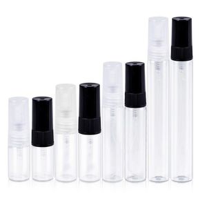 500pcs 2ml 3ml 5ml 10 ml de bartilla de perfume de vidrio botellas de pulverización transparente Vial de fragancia vacío con tapa blanca negra mdcbo