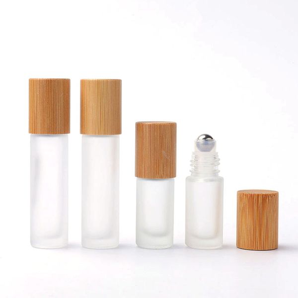500 piezas 5 10 15 ml botellas roll-on de aceite esencial escarcha/botella de perfume enrollable de vidrio transparente con tapa de bambú natural bola de rodillo de acero inoxidable envío gratis