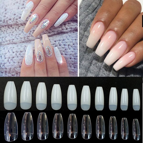 500Pcs / sac Coffin Nails Long Ballerina Nail Tips Tête Carrée Français Faux Faux Ongles ABS Artificiel 10 Tailles Nature Transparent RRA2133